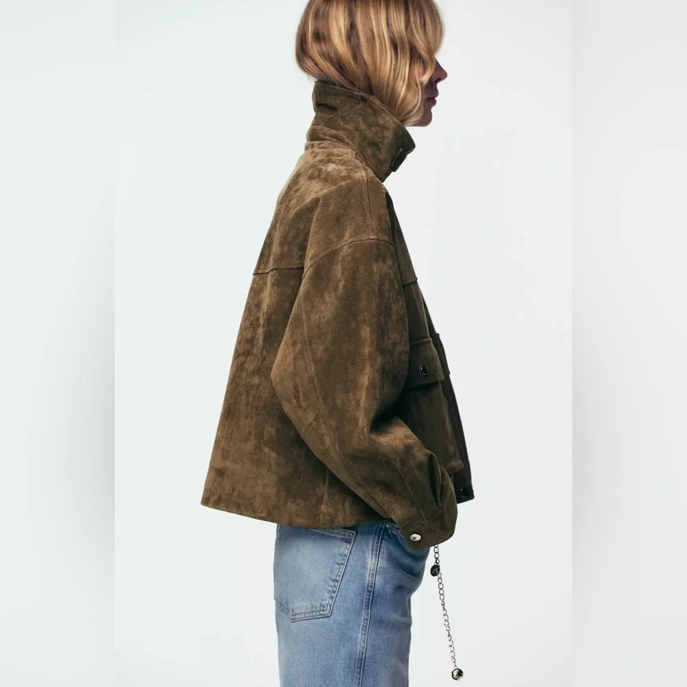 Zara Olive Brown natural suede leather bomber jacket - Picture 7 of 11